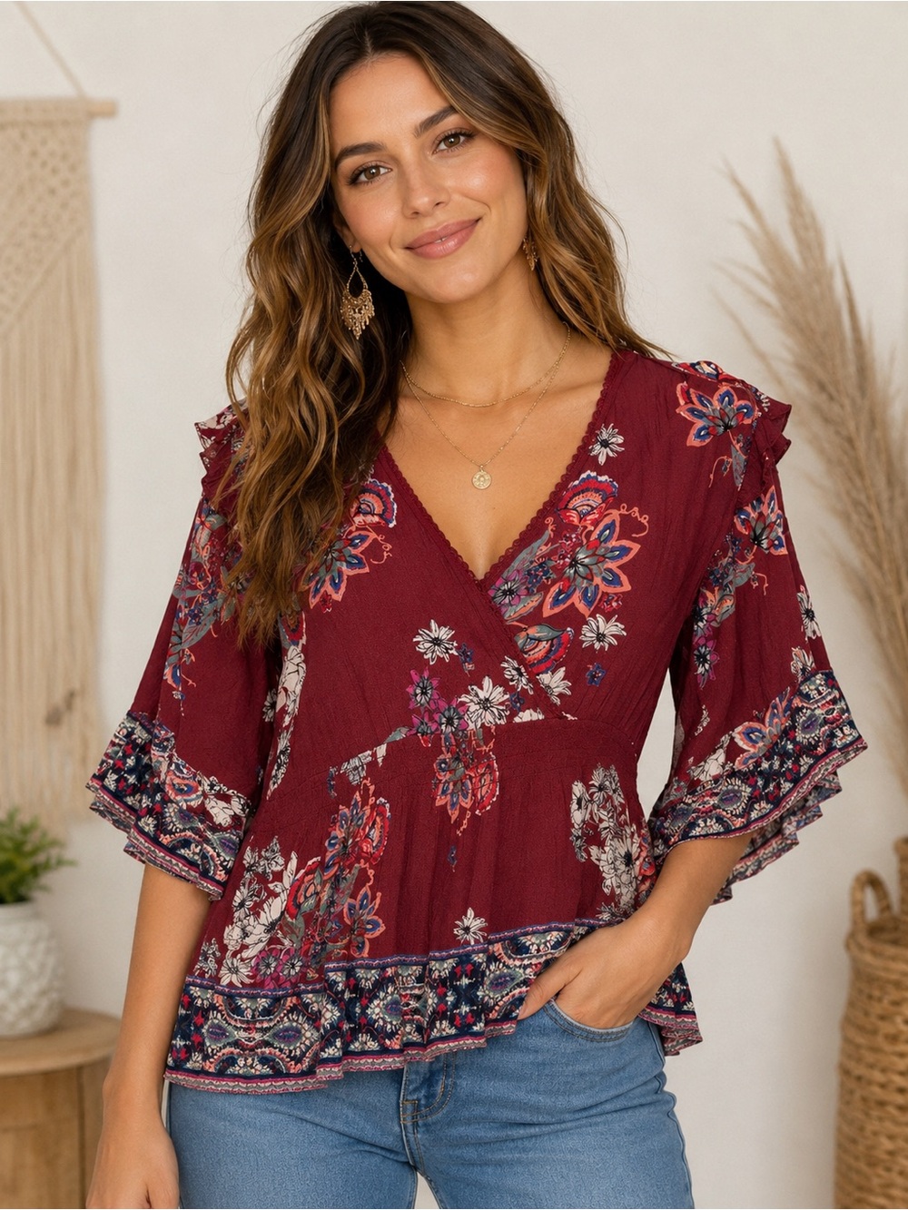 Angie Boho Floral Peplum Top Medium Burgundy Bell Sleeve Faux Wrap Rayon